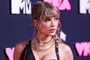 Taylor Swift, seen in a black dress at the MTV Music Awards.