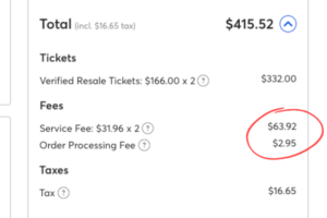 Hidden service fees and order processing fees are shown at the checkout for event tickets.