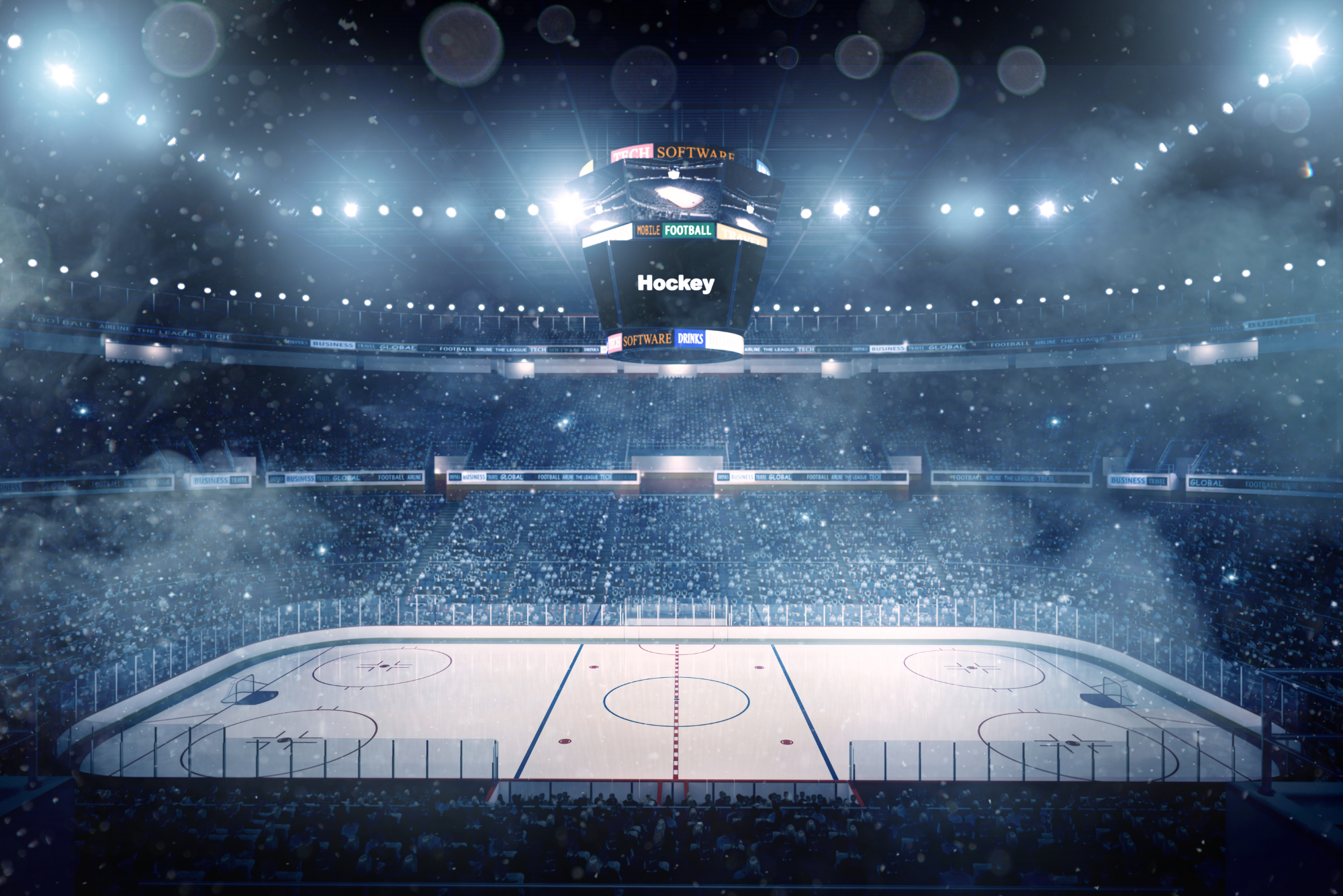 A wide shot of a hockey rink from the box seats represents a discussion on corporate season ticket rights and reselling.